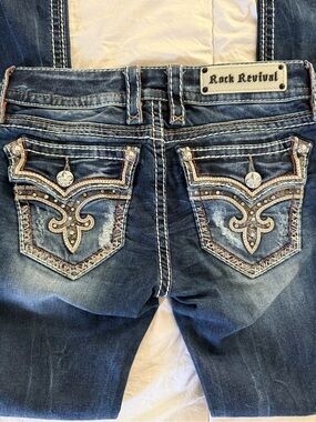 Rock Revival Dark Blue Boot Cut Jeans with Embroidered Pockets